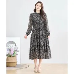 小花柄シフォンワンピース　ブラック