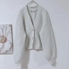 ZARA ニット　カーディガン　ゆったり　厚手　アウター　グレーホワイト　Sのサムネイル