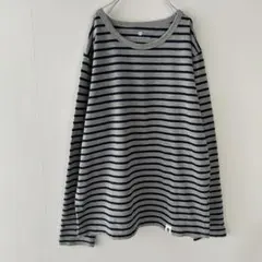 クルーネック ボーダー Tシャツ Uネック 長袖 グレー ネイビー 灰色 紺 S