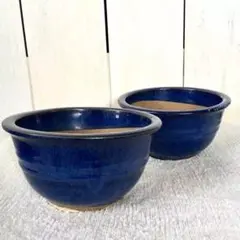 ▪︎綺麗な瑠璃色の古い植木鉢2ケセット 骨董品 小鉢 ブルー ミニ盆栽