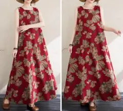 XL 新品　25年度　夏　花柄　ボタニカル　ノースリーブ　丸襟　マキシ丈　赤