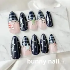 【現品】ネイルチップ　ネイビーネイル　星ネイル　海外ネイル　ボーダーネイル