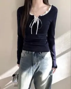 SHEIN フリル付きフロントタイ 長袖カジュアルTシャツネイビー Mサイズ