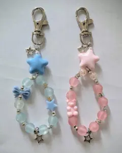 ビーズキーホルダー星　 ブルー　ピンク　 2個セット　ハンドメイド