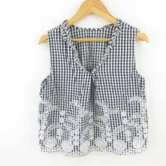 452 ZARA BASIC ノースリーブシャツ チェック 刺繍 紺 白 XS