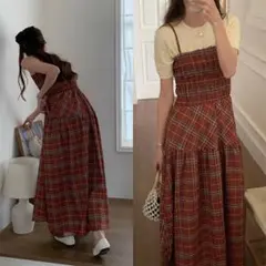 韓国ファッション＊チェック柄 ロングワンピース 赤色