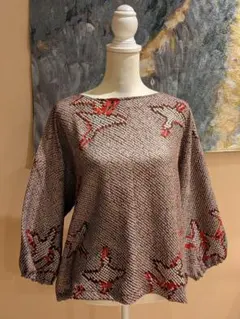 正絹　絞り　黒×赤　着物リメイク　七分袖　プルオーバー　ブラウス