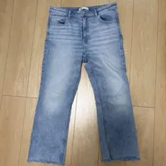 ライトブルー ストレートデニム フリンジ裾