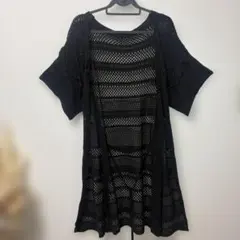 [新品]クロシェ編み 半袖ロングカーディガン ブラックのサムネイル