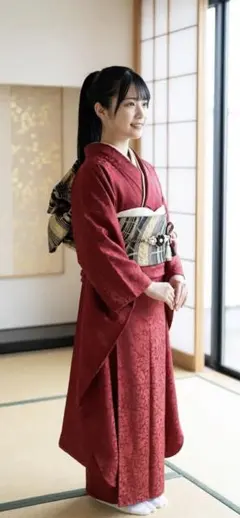 振袖フルセット　赤　地紋　正絹　成人式　振袖　袋帯　長襦袢　帯揚げ　帯締め　美品