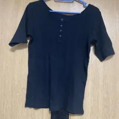 リブ素材 ヘンリーネック 半袖Tシャツ ブラック Mのサムネイル