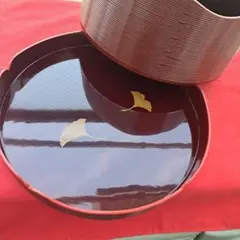 裏千家 木製溜塗 千歳盆 （内田久治作）正絹ふくさ（雪月花）・共箱付