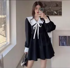 レディース　ワンピース　ミニワンピース　モテワンピ　黒　リボン　L 韓国
