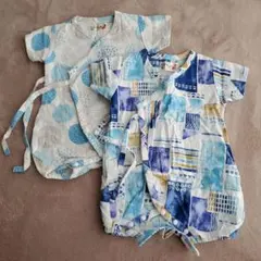 ベビー甚平 青系 幾何学と水玉模様 50-60cm
