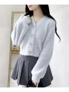 Vネックリボンボタンフェザーニットカーディガン サックスブルー INGNI