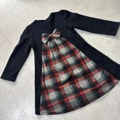 美品　黒長袖 ワンピース チェック柄リボン