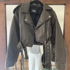 ZARA ダークブラウン ショートライダースジャケット