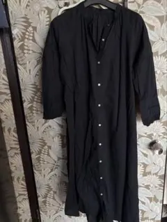 GU バンドカラー シャツ ワンピース ブラック M コットン 七分袖