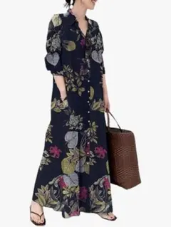 シャツワンピース 長袖 ネイビー 花柄kisetsumate 新品