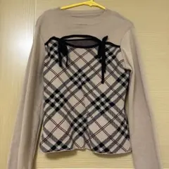 チェック柄フロントオープンリボンニットトップス