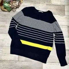 【美品】ZARA KNIT ストライプ 長袖ニット セーター　ボーダー　紺　黄