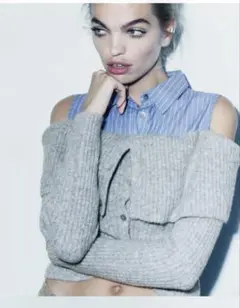 ZARA コントラストカットアウトニットセーター グレー