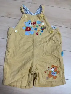 D1希少 レトロ ミキハウス ショートオール オーバーオール 90 黄 くま刺繍