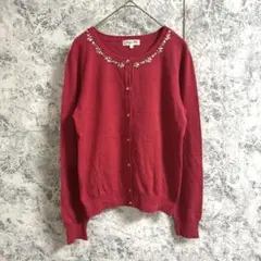 スープ　SOUP カーディガン　長袖【9】レッド　ビジュー　大人上品　きれいめ