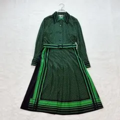 アミエルオンワード【L】黒×緑 総柄 長袖ロングワンピース 微ストレッチ 春秋