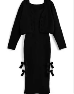 ✴︎GRL ニットカーディガンベロアリボンスリッドワンピースセットアップ✴︎ブラック