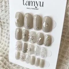 ネイルチップ　全サイズ　20枚セット　グレー　ミラーフラワー