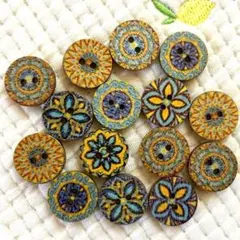 新品未使用　ウッドボタン　木のボタン　エスニック青と黄色　15mm 15コ