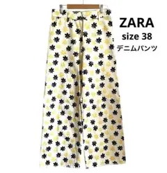 ザラ ZARA 花柄 デニムカットオフパンツ マリンパンツ レディース38
