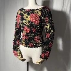 90s- vintage ポップコーンシャツ　トップス　長袖　花柄　黒　ブラックのサムネイル
