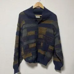 【古着】ネイビー系パターン編みニットセーター M