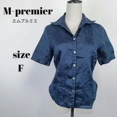 【a2352】M-premier リネン 麻 半袖 シャツ ネイビー F