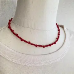 37/ハンドメイド ビーズネックレス ビーズアクセサリー チョーカー レッド