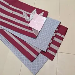 お-92 半幅帯 新品 未使用 赤紫色 灰色 ワイン色 竹 笹 リバーシブル