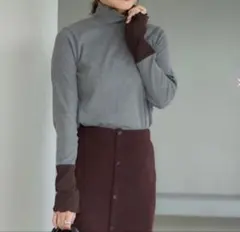 田中里奈　mysa 袖配色　ハイネックメロウプルオーバー グレー×ブラウン　LL