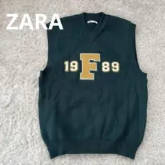 ZARA ダークグリーン Vネックベスト 1989年刺繍入り