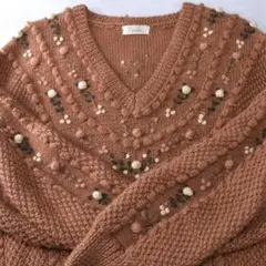 お花モチーフ　薔薇　ポンポン　花柄　刺繍　Vネックセーター　ニット　レトロ 立体