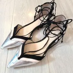 ZARA　レースアップシューズ　パンプス　シルバー　ブラック　黒　サイズ39