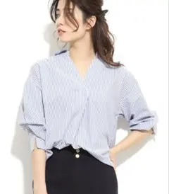 vis ストライプ　スキッパー　シャツ　ブラウス　グレー×ホワイト　レディースのサムネイル