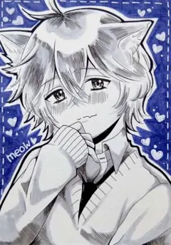 オリジナル 手描きイラスト 「meow♡」猫耳 男の子 アナログ ケント紙 厚口