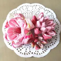 ハンドメイド、つまみ細工、女の子向け ピンクの花和装髪飾り