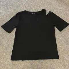 ブラックリブ編み半Tシャツ 肩出し ギャル黒