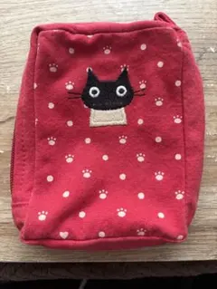 希少　ヒコウセンカーラ　黒ねこ　ドット柄　赤　ポーチ　HIKOSEN CARA