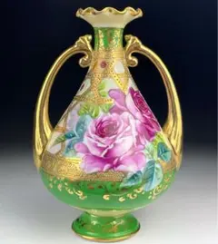 【美品】オールドノリタケ 薔薇紋 盛上げ 金盛り 金彩 花瓶　メープルリーフ