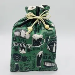 緑　クラフトビール柄　コットン 御朱印帳袋　大判サイズ　巾着袋