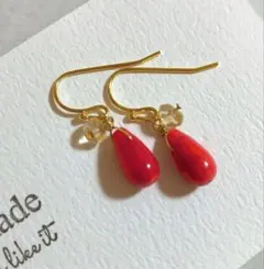 No.274【再販】✨天然石✨レッドコーラルの5連ピアス イヤリング